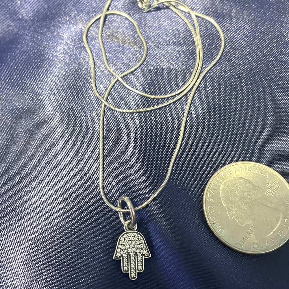 Sterling Silver Hamsa Charm with CZ with 16in necklace.